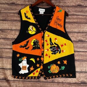 Basic Editions Halloween Sweater Vest Vintage 90s Black Cat Ghost Beaded Large